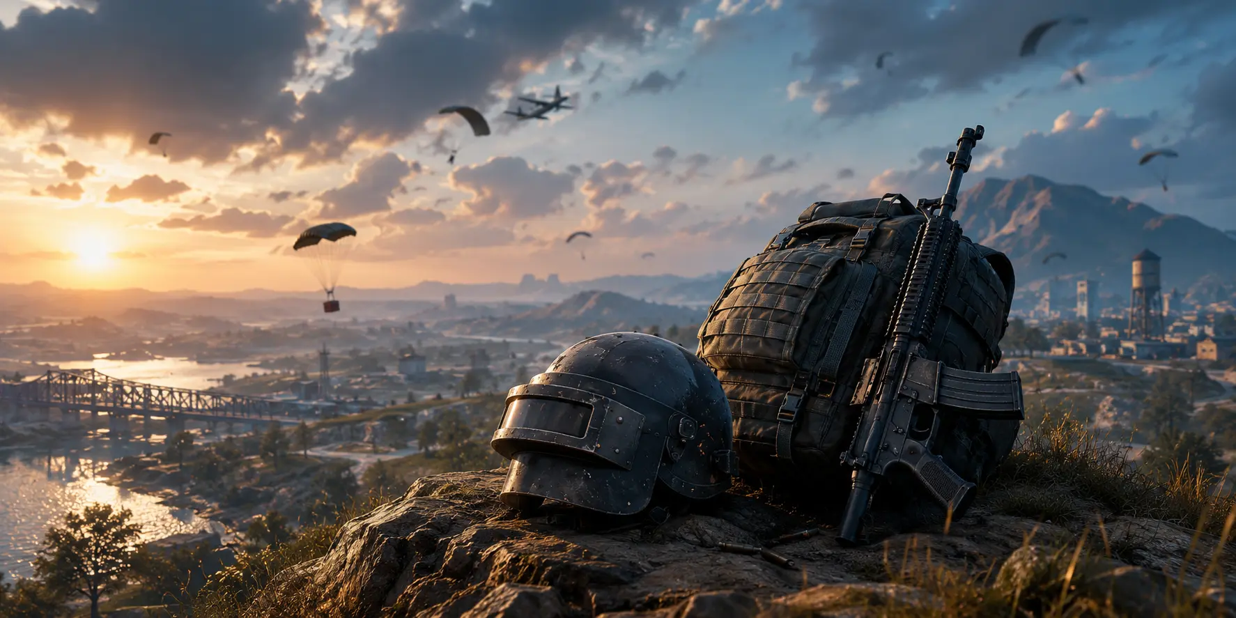 PUBG Mobile helmet, backpack, and rifle overlooking the battlegrounds at sunset